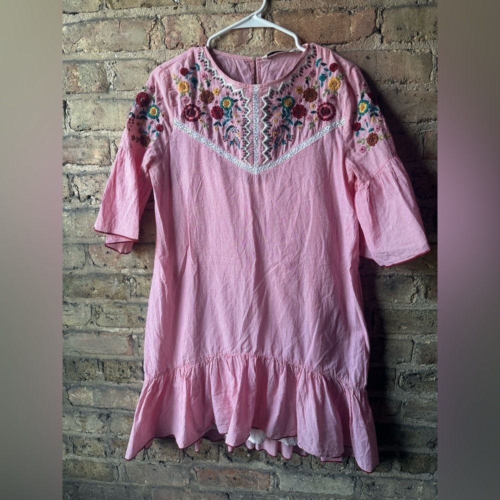 Zara Striped Dress with Floral Embroidery